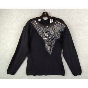 VTG WIP Womens Sweater Large Black Angora Silk Lambswool Retro Glam Elevated